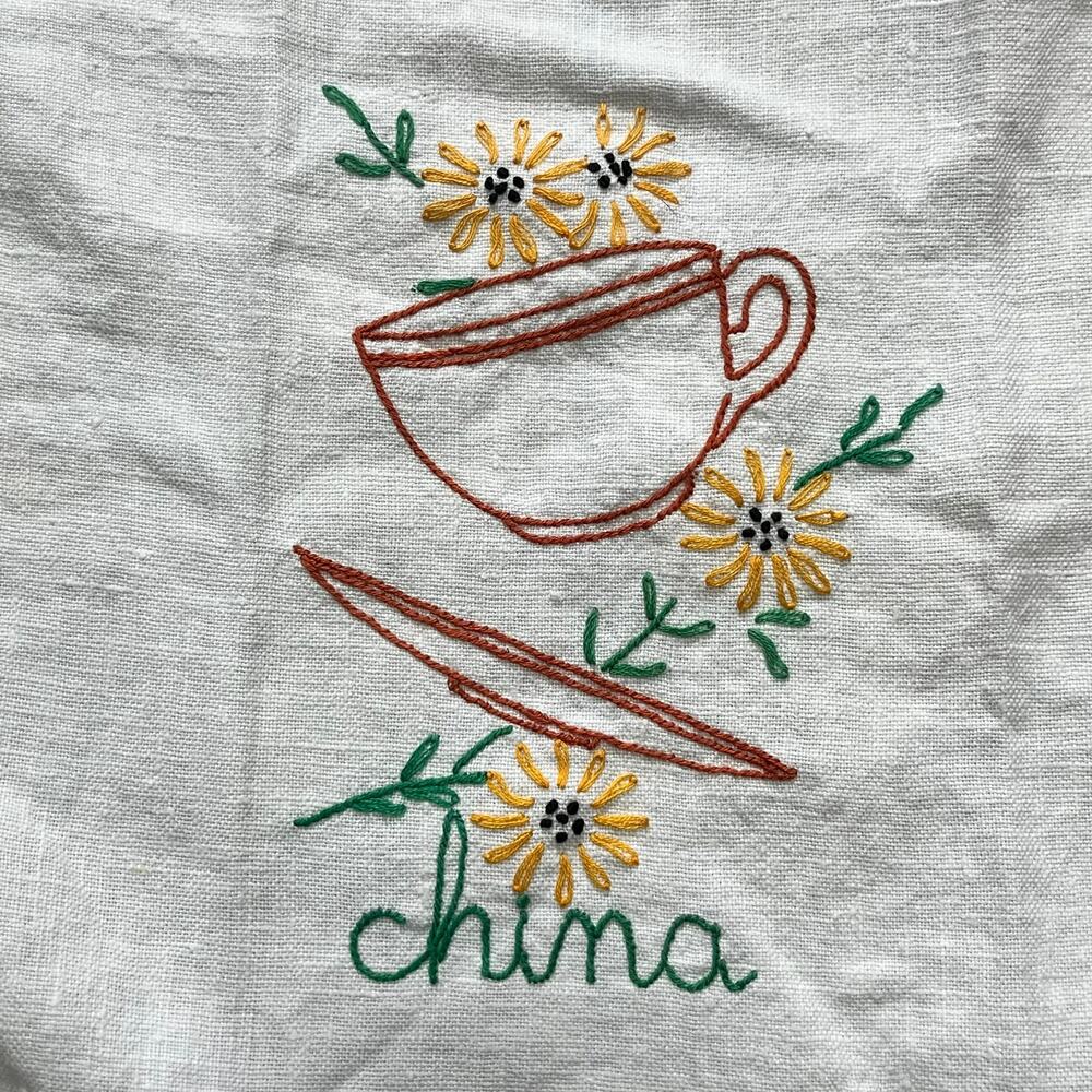 Vintage Embroidered Tea Towel China Teacup Flowers Striped Green Turquoise